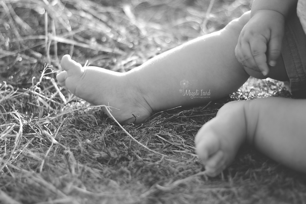 Seance photos des pieds d'un bébé de 6 mois en noir et blanc